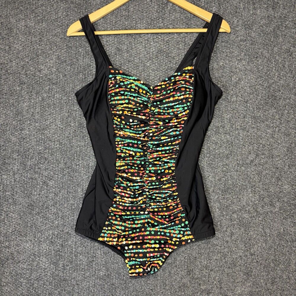 PARADISE BAY Womens Lined One Piece Black And Spotted SWIMSUIT Size 16 Retro VTG